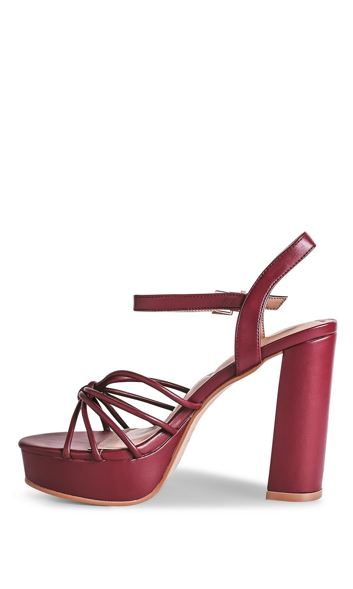 The Tiara Dark Red Prom Shoes: Touch Ups 4762 feature a block heel, ankle strap, and multiple thin toe straps—perfect strappy high heel prom shoes for making a bold statement.